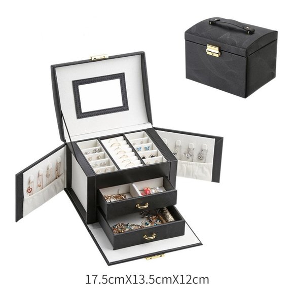 PU Leather Ladder Style Jewelry Box with Lock Mirror and Side Doors - Picture 1 of 1